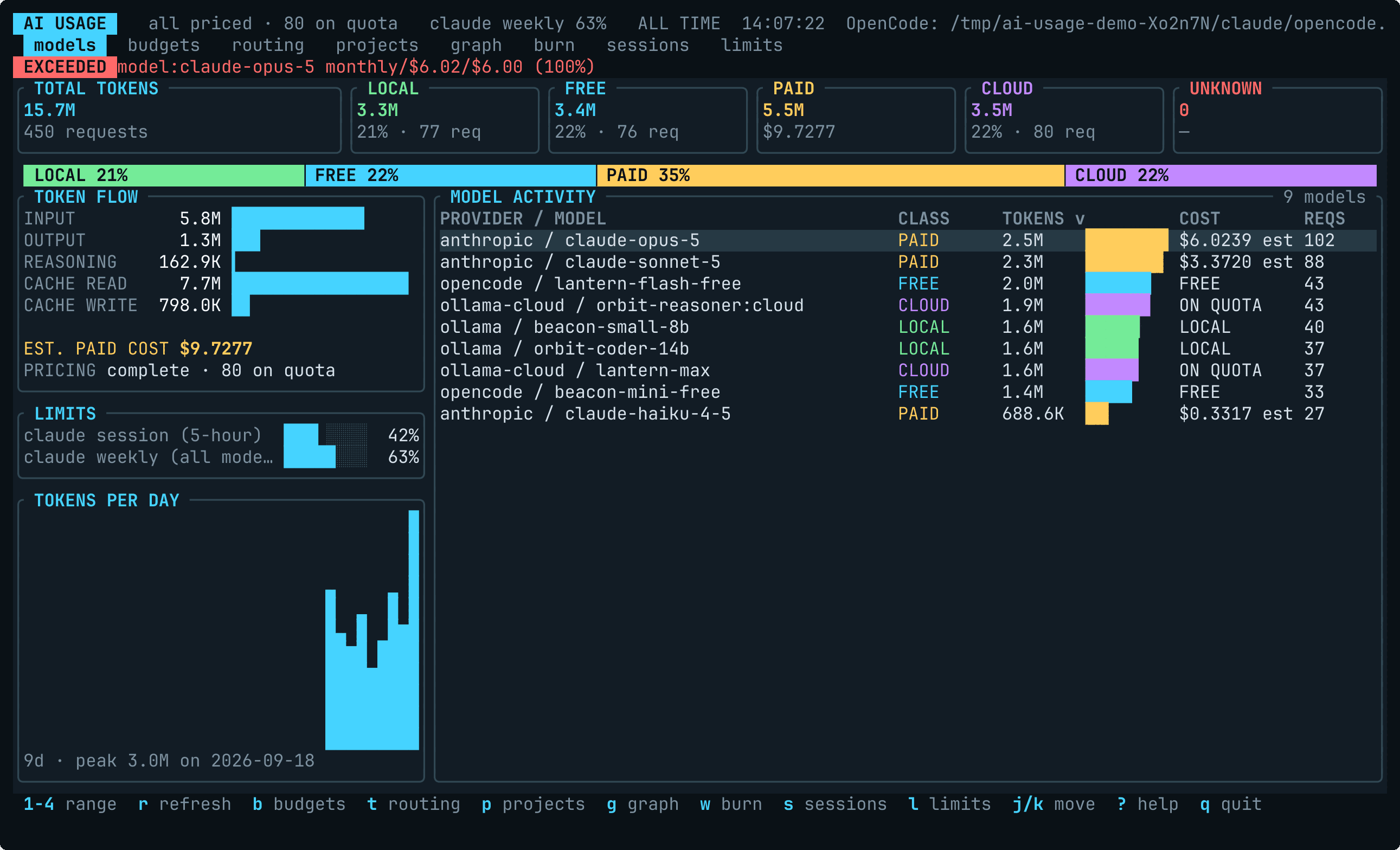 Dashboard showing token totals, model activity, and cost provenance